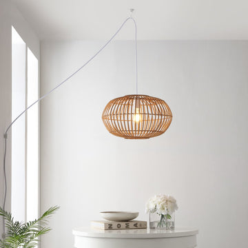 Leo 17.5" Farmhouse Coastal Rattan 180" Cord Plug-In or Hardwired LED Pendant - JONATHAN Y